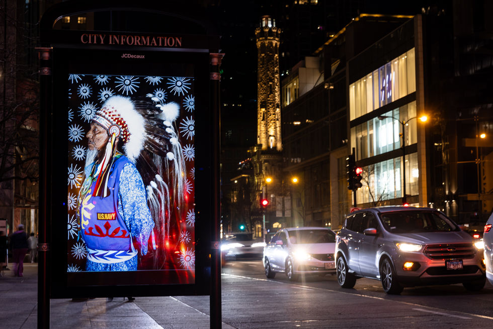 Levi Blackdeer on billboard in Chicago during Art Expo 2024