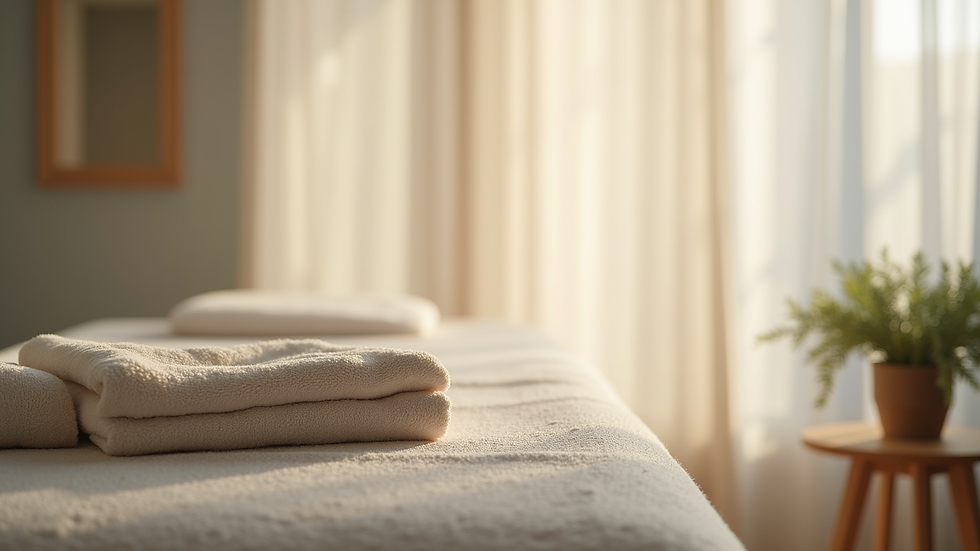 Close-up view of a therapy room with a treatment table and calming decor