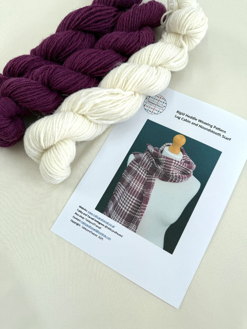 Thumbnail: TabbyandTweed colour and weave intermediate scarf kit — instruction booklet and three skeins of burgundy pink and white Briti