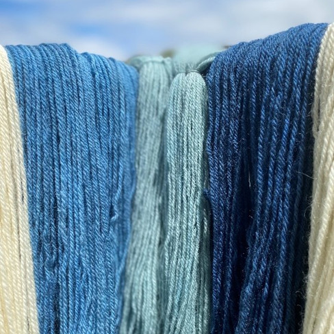 Wool decanted skeins of  indigo blue and cream yarn