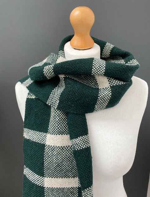 Thumbnail: Handwoven forest green and white scarf in Wool Decanted British wool — TabbyandTweed luxury rigid heddle kit