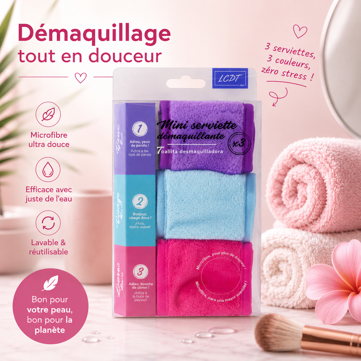 PACK DE 3 SERVIETTES DÉMAQUILLANTES RÉUTILISABLES EN MICROFIBRE