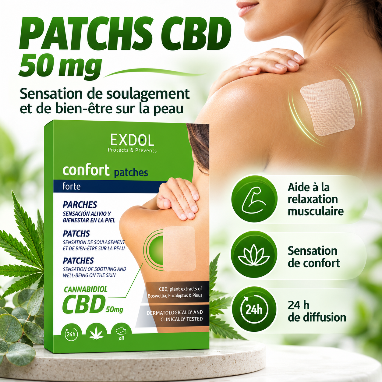 PATCHS SOULAGEMENT INTENSIF AVEC CANNABIDIOL
( 8 pièces ) - EXDOL