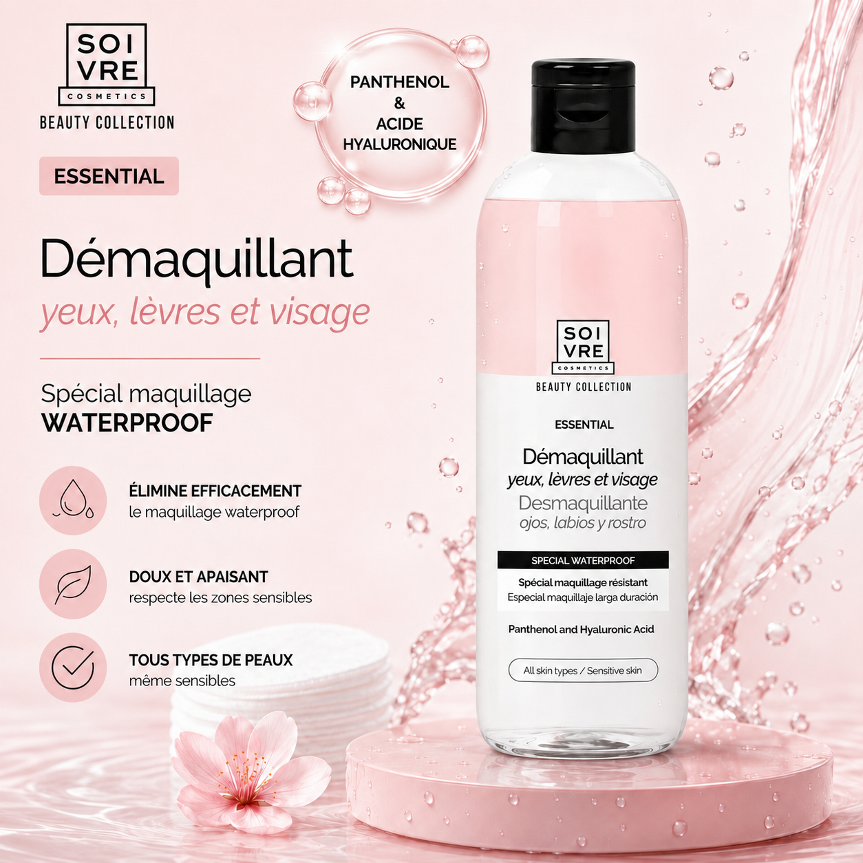 DÉMAQUILLANT BI-PHASE LÈVRES YEUX ET VISAGE , GAMME ESSENTIAL - SOIVRE COSMETICS