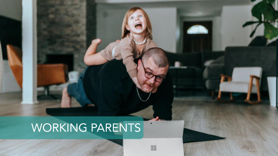 dad trying to do pushups while in an online meeting, children is on his back