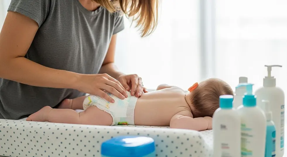 mom changing babies diaper