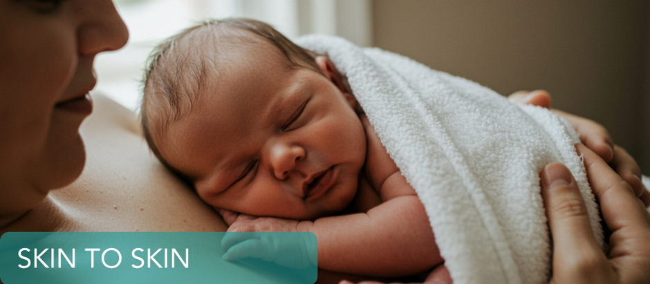 Newborn baby resting on parent’s bare chest during kangaroo care