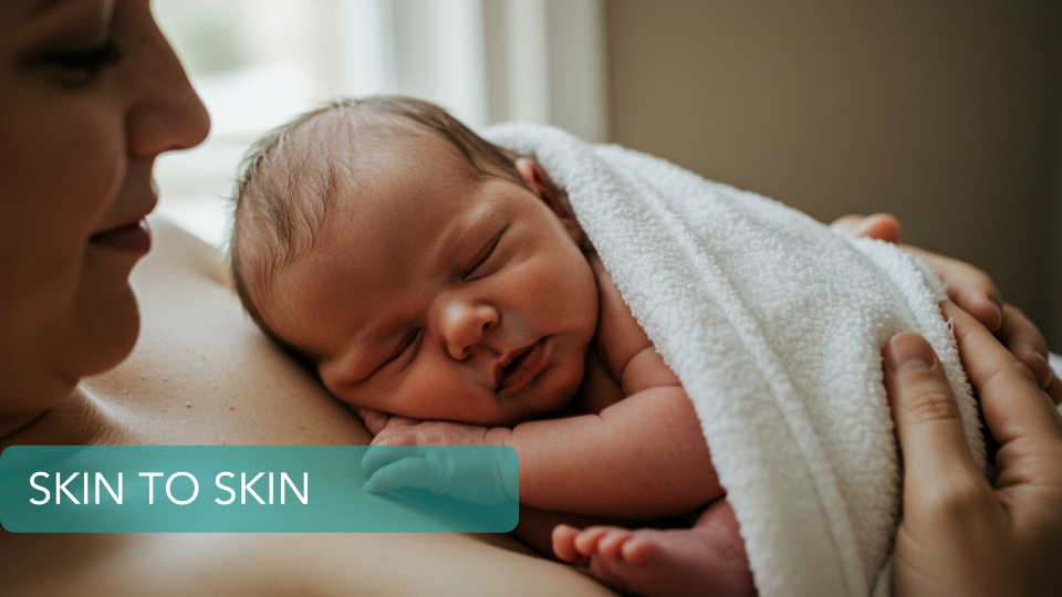 Newborn baby resting on parent’s bare chest during kangaroo care