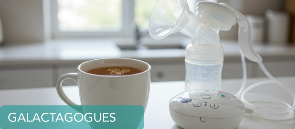 Cup of herbal tea and breast pump with fenugreek seeds