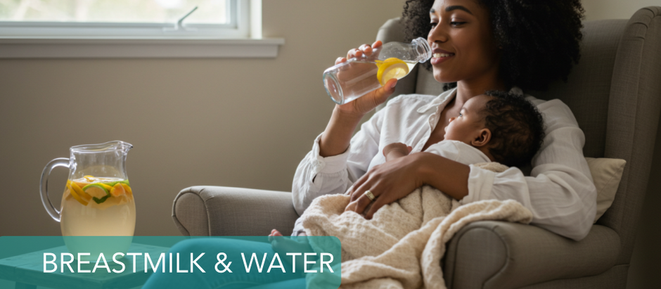 Mother sitting in a cozy chair while holding baby, sipping from a large water bottle with fruit-infused water beside her.