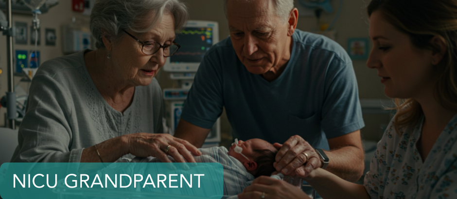 Grandparent with grandchild in NICU; grandmother touching incubator; grandfather supporting parents in hospital