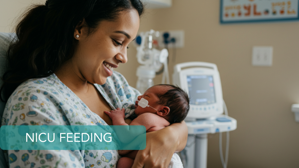 Mom in NICU breastfeeding baby; transitioning from pump to breast; NICU baby nursing with support