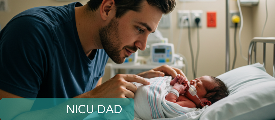 Dad with baby in NICU; father holding premature baby in hospital; NICU bonding moments