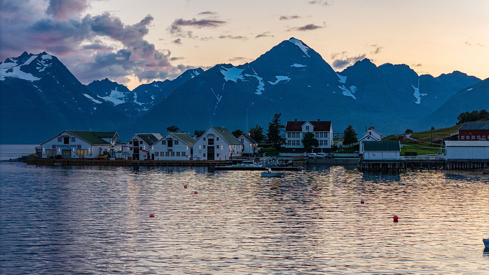 Havnnes under the midnight sun with the lyngen alps in the background