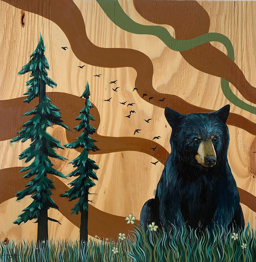 Square painting of a bear on a cabin wall