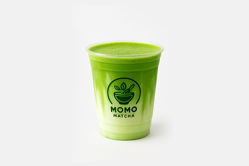 Green matcha drink in a clear cup with Momo Matcha logo.