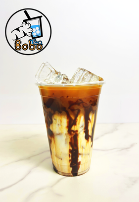Iced boba tea with chocolate drizzle