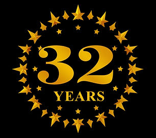 32 years anniversary logo with 32 in middle and golden starts surrounding it.all font must