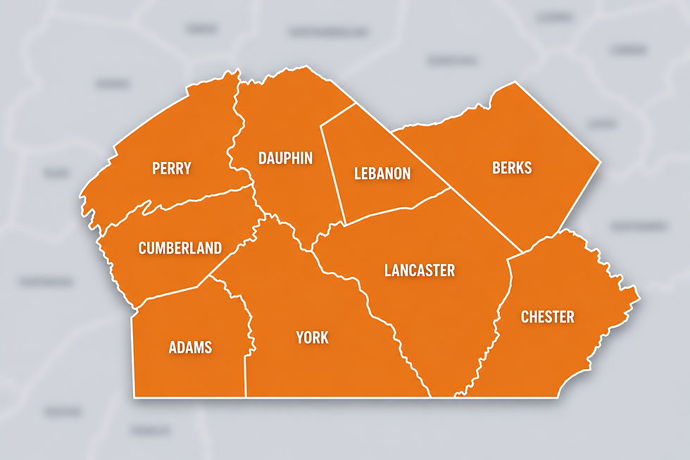 Map showing the Central Pennsylvania service area for Mastercraft Mechanical & Plumbing, including Adams, Berks, Chester