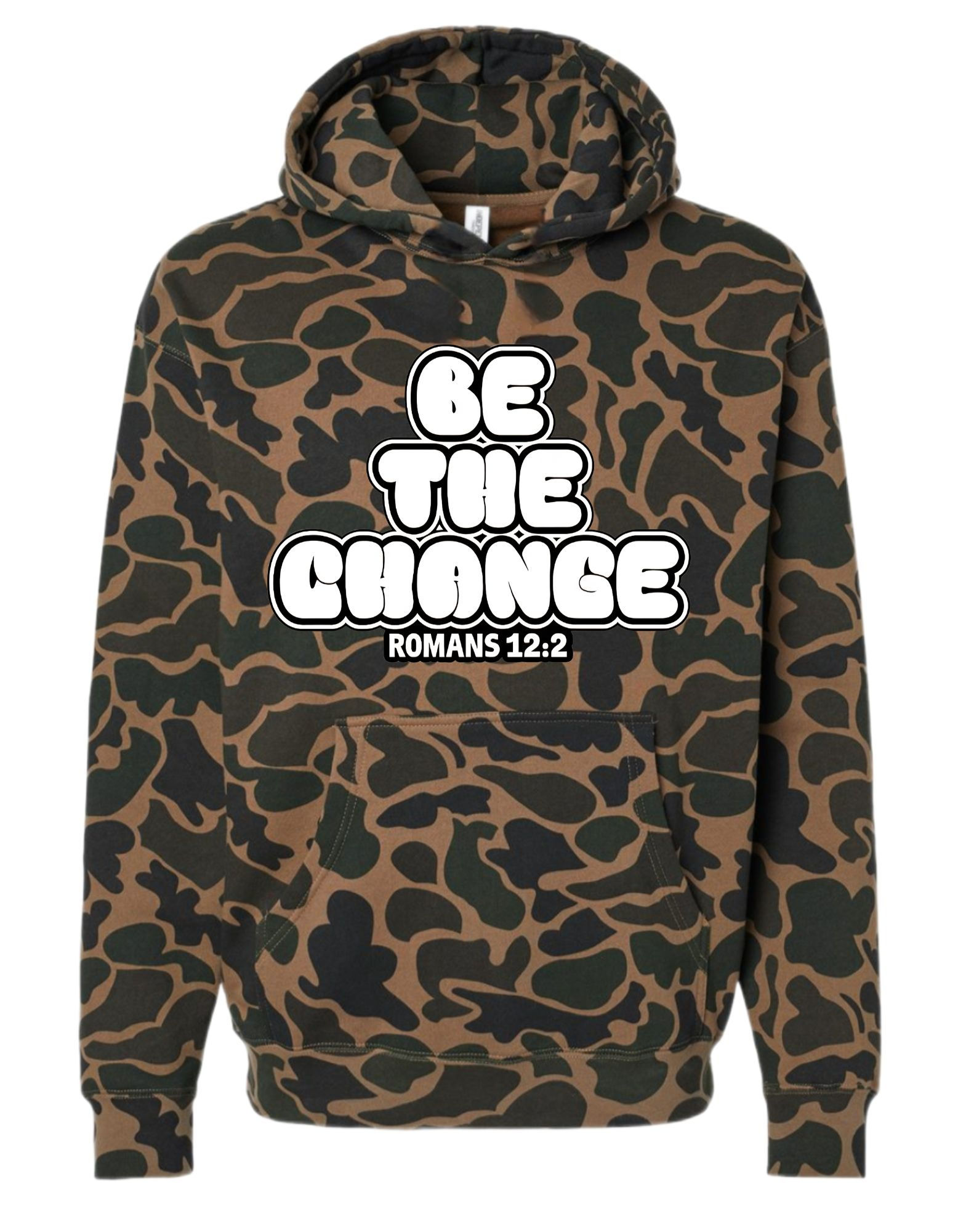 Bark Duck Camo hooded sweatshirt with graphic design of "Be The Change Romans 12:2" in puffy letter print