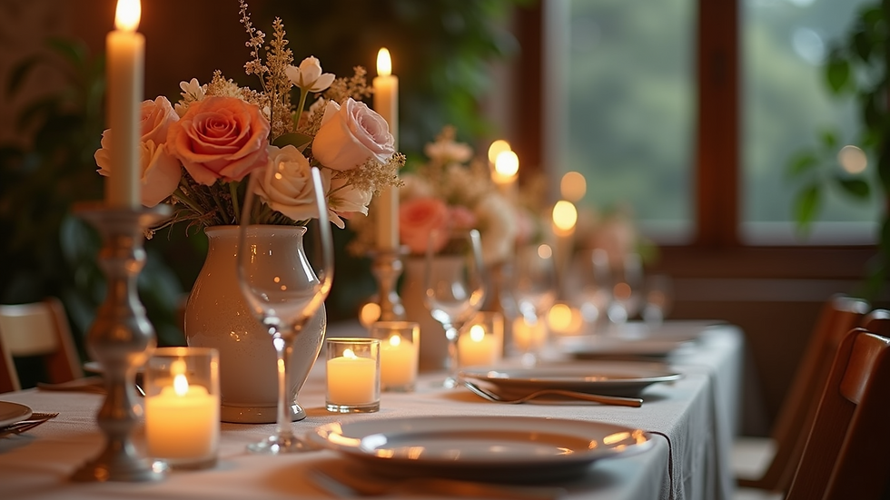 Close-up of a table set with candles and floral centerpieces