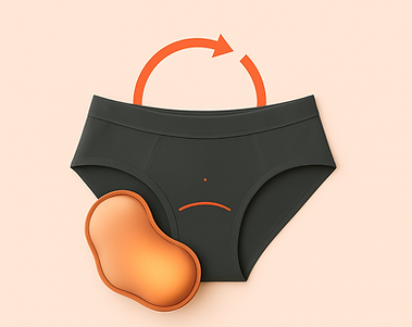 Schwarzer Periodenslip auf hellem Hintergrund, daneben ein orange leuchtendes Wärmepad; Pfeil zeigt Einsetzen/Austausch an