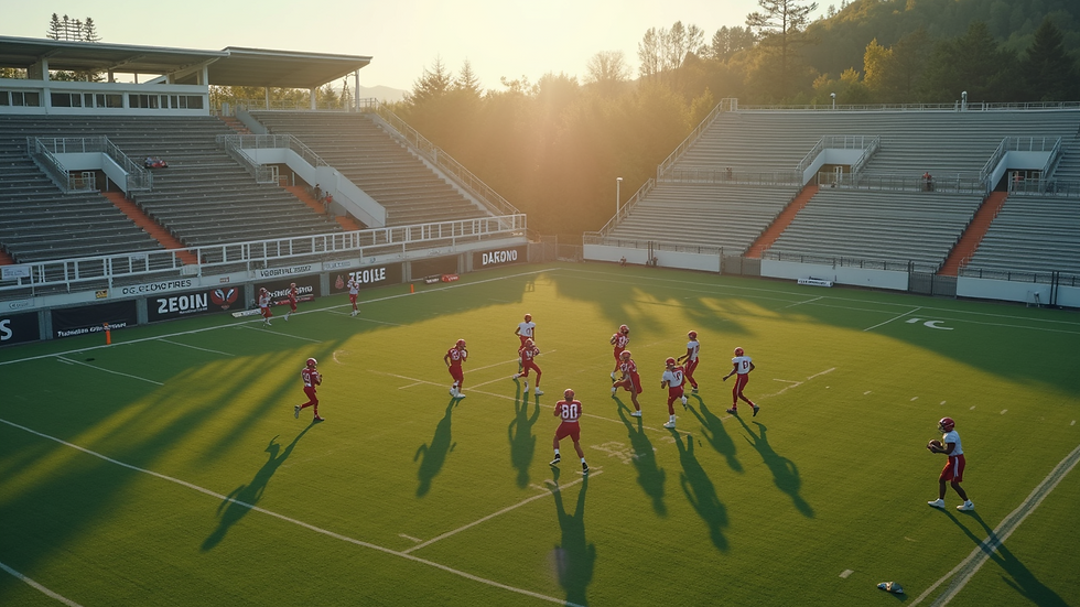High angle view of a 7 on 7 football drill in progress on a practice field