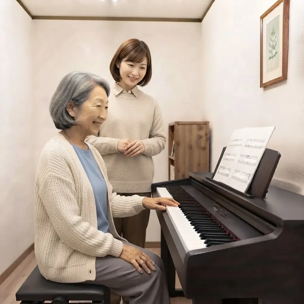 Packshot photography of an elderly woman playing a digital piano with a younger woman offering gentle guidance. The scene suggests learning and shared musical enjoyment in a warm environment.