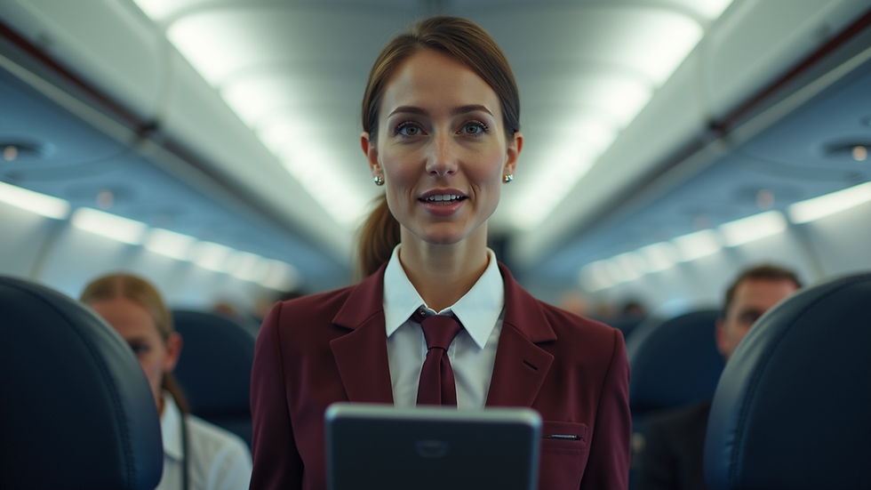 Eye-level view of a flight attendant demonstrating safety procedures