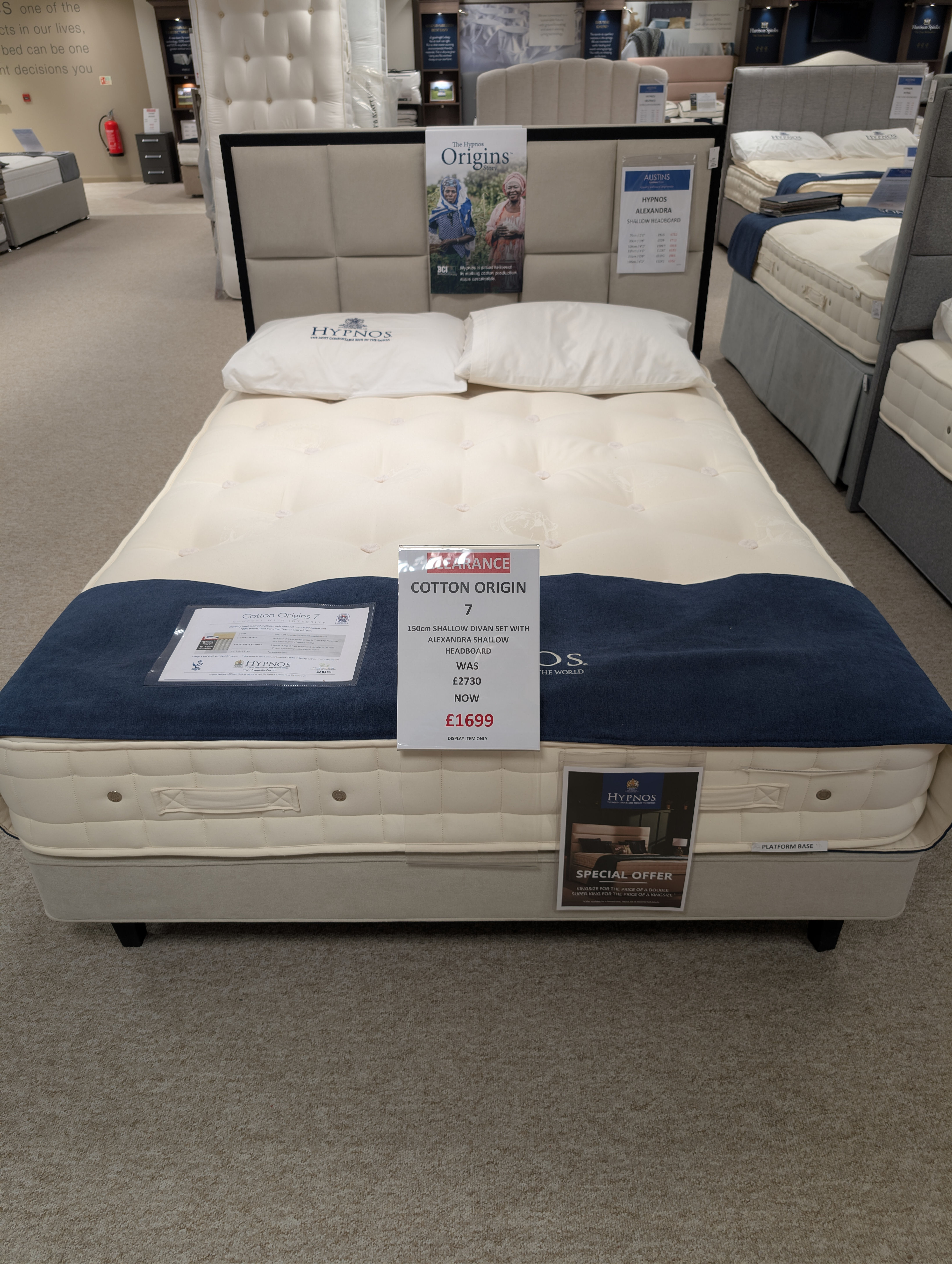 Clearance Hypnos 150cm/King Cotton Origin 7 Complete Shallow Divan Set