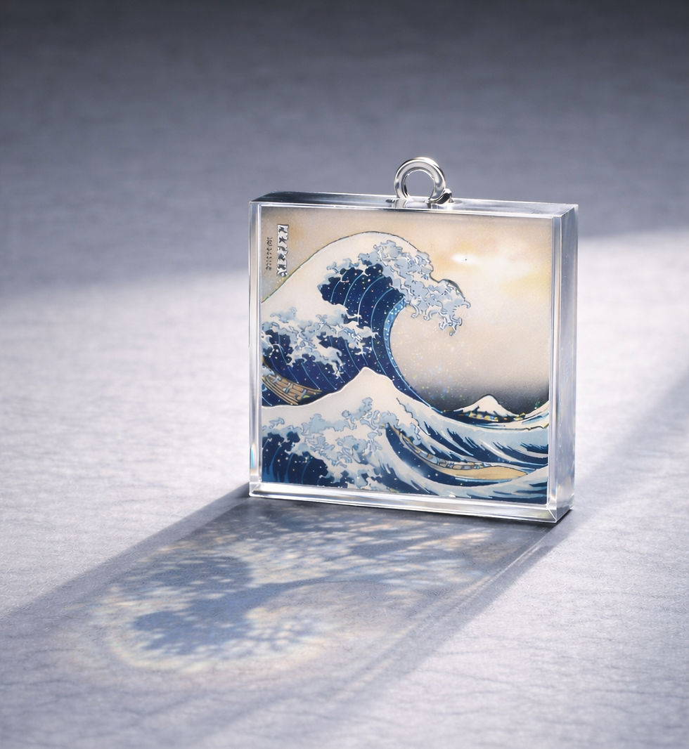 Clear acrylic charm featuring traditional art-style wave illustration, ideal for cultural merchandise, museum shops, and prem
