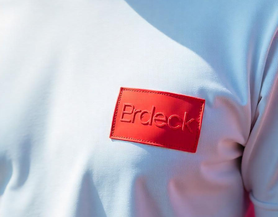 Rotes Kunstleder-Patch mit geprägtem Logo auf weißem T-Shirt, minimalistisch aufgenäht