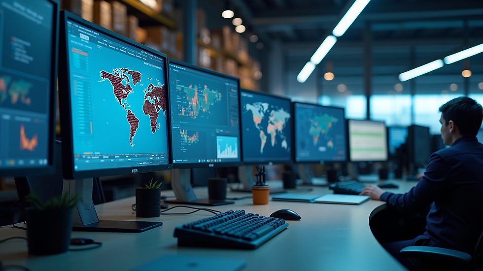 High angle view of a logistics control room with multiple screens showing supply chain data