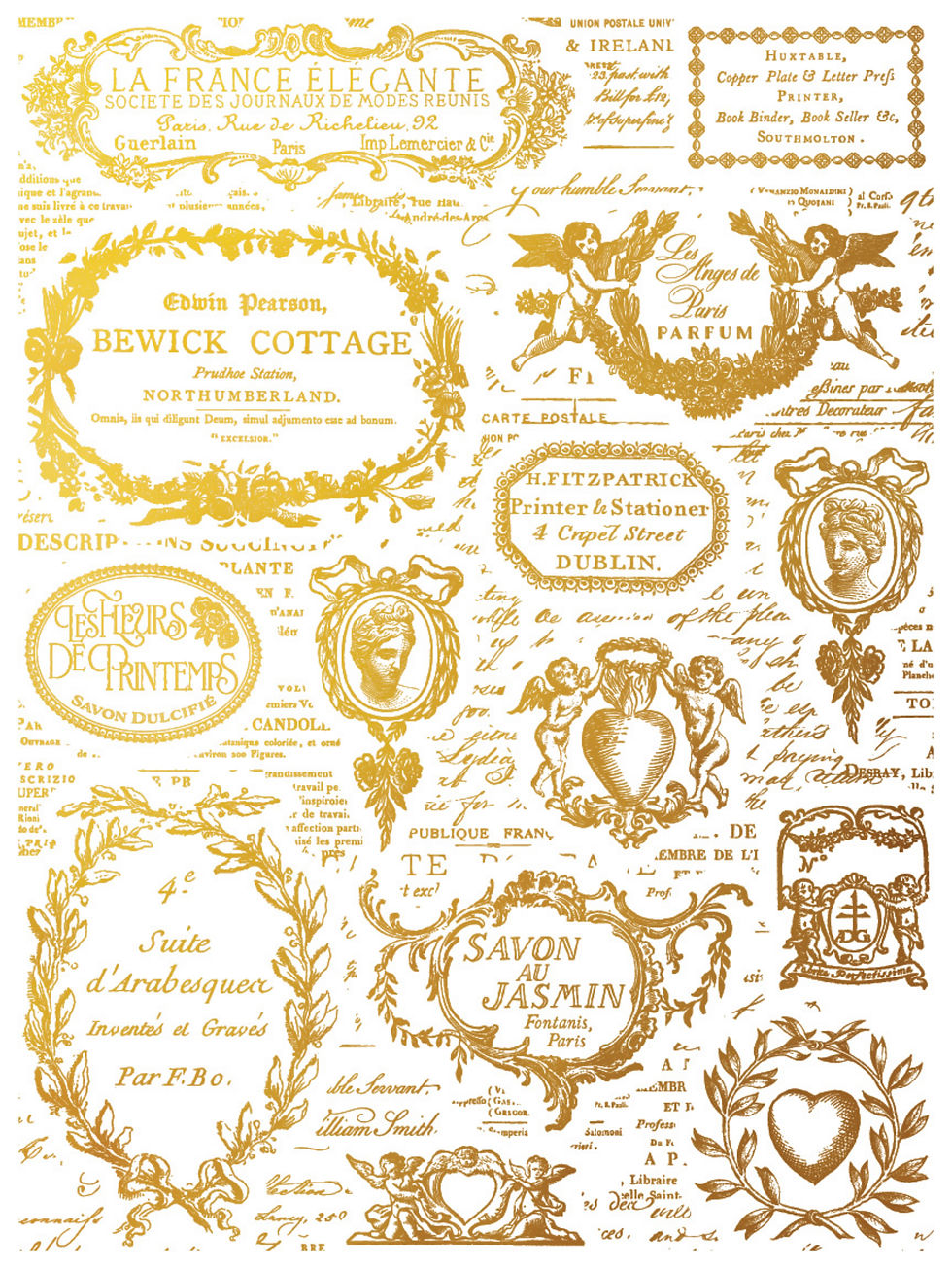 Thumbnail: Golden ornate vintage labels with text Hewick Cottage, Savon au Jasmin.