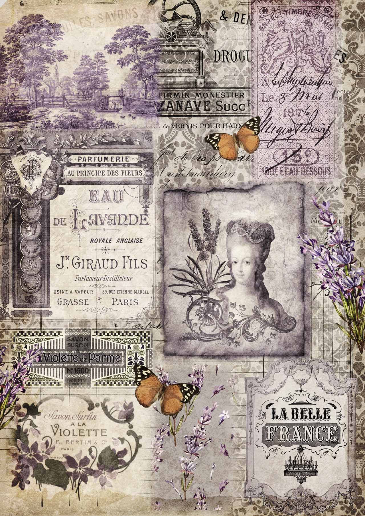 Vintage French ephemera collage with 'EAU des LAVANDES', 'LA BELLE FRANCE', butterflies.