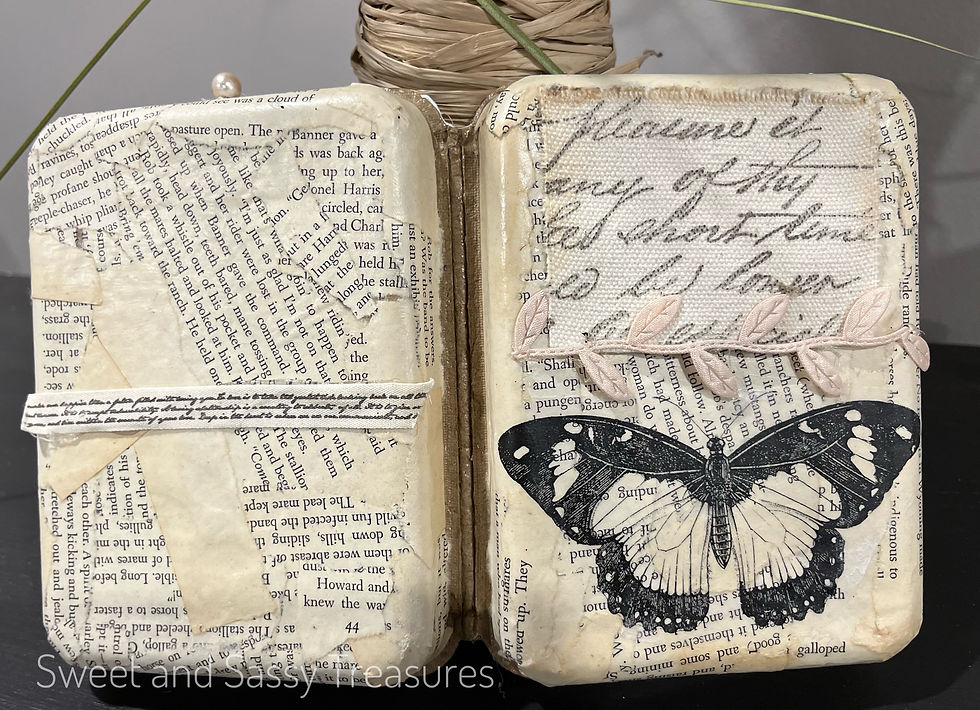 Thumbnail: Two distressed decorative blocks with vintage paper, butterfly, and 'Kiss and Sassy Treasures'.