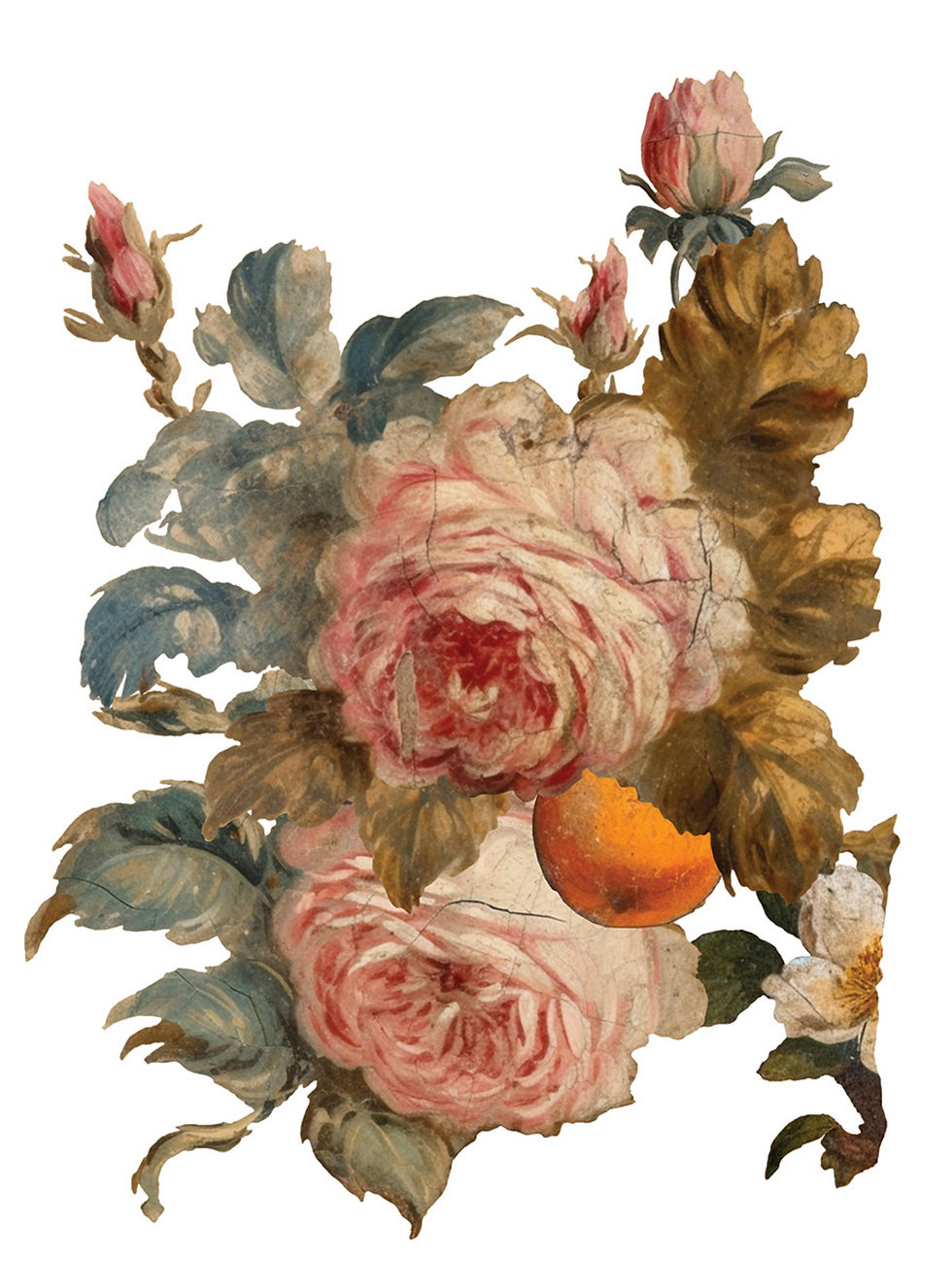 Thumbnail: Antique painting of delicate pink roses, buds, and a small orange.