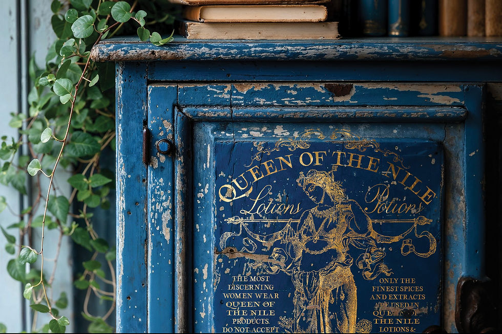 Thumbnail: Distressed blue cabinet, golden 'QUEEN OF THE NILE Lotions Potion' label.