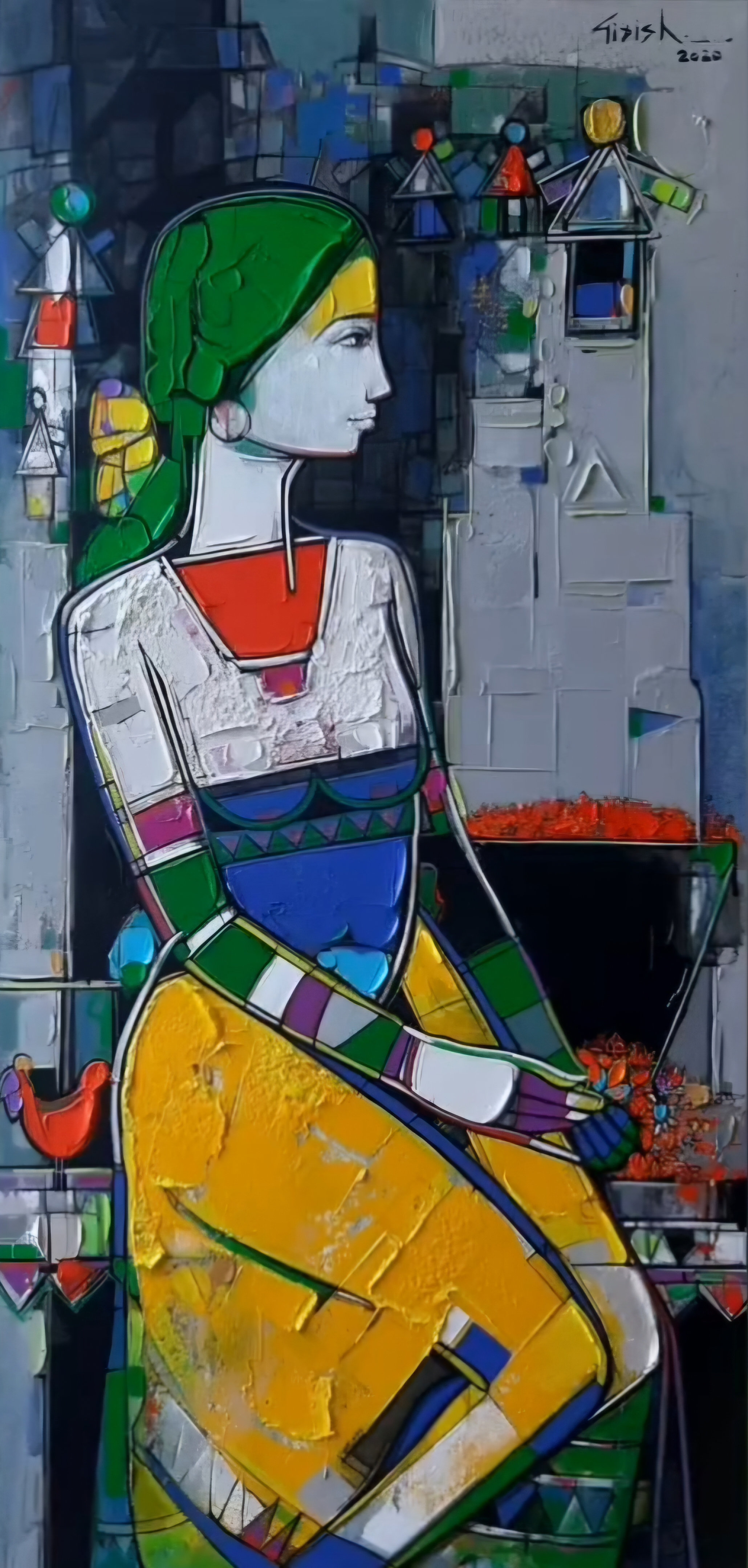Untitled VII by Girish Adannavar — oil on canvas village life painting