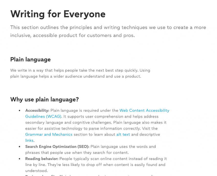 This is a screen recording of the "Writing for Everyone" section in the style guide. 