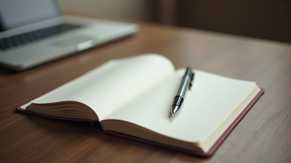 High angle view of a notebook and pen on a wooden table