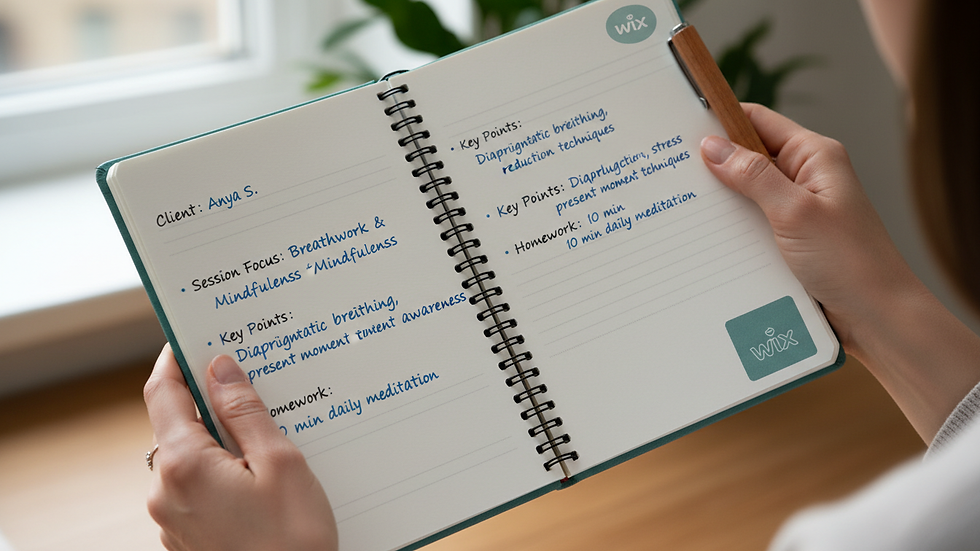 Close-up view of a practitioner’s hands holding a notebook with session notes