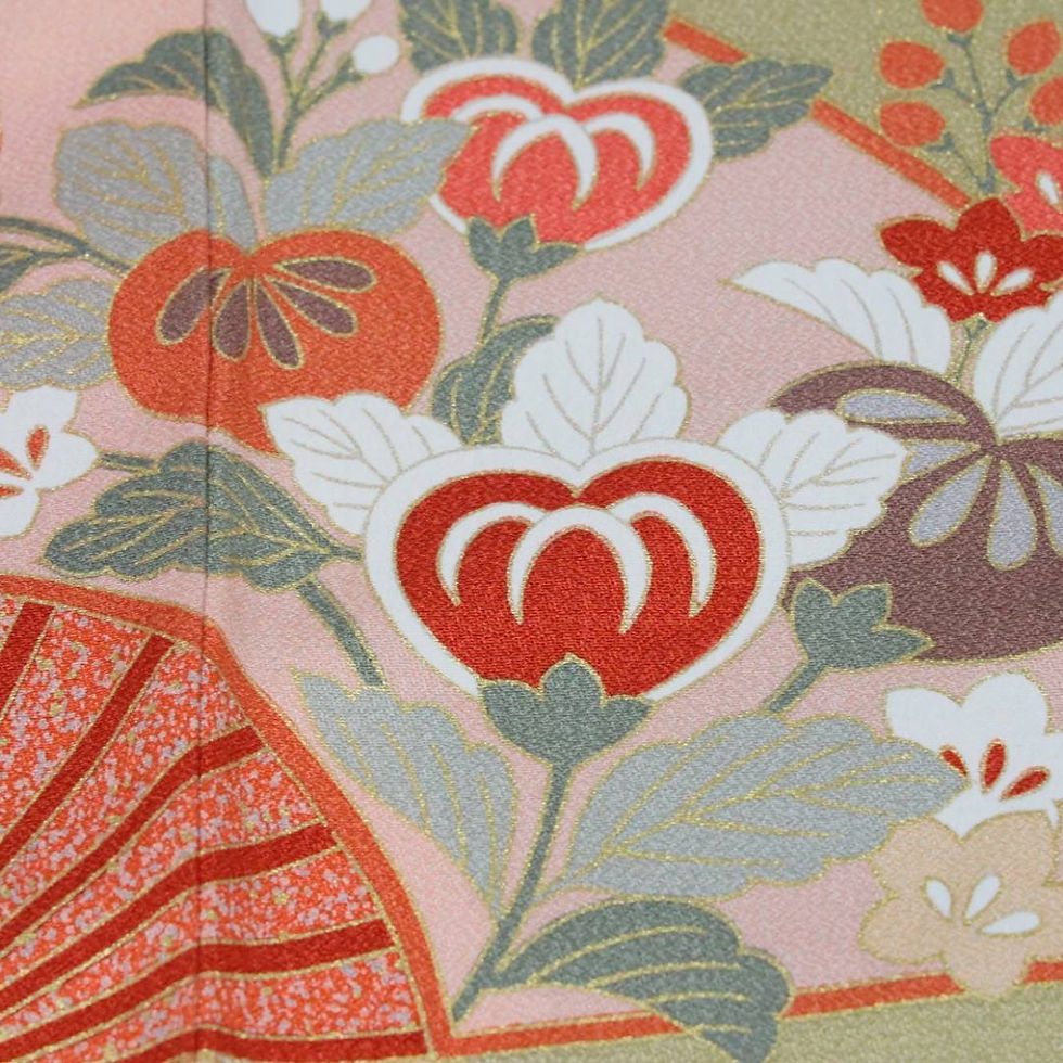 サムネイル： 朱ベージュ地　扇面花柄　振袖