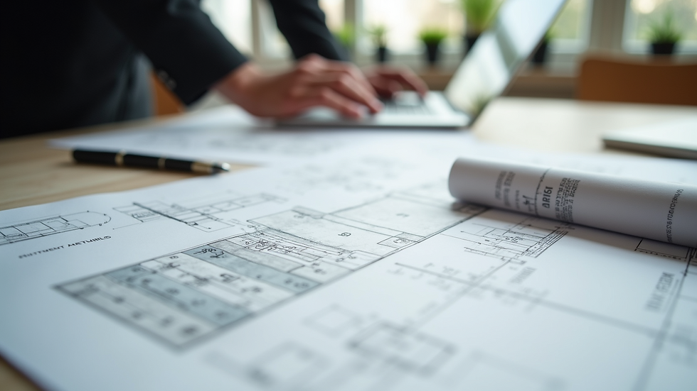 Close-up view of architectural plans on a table