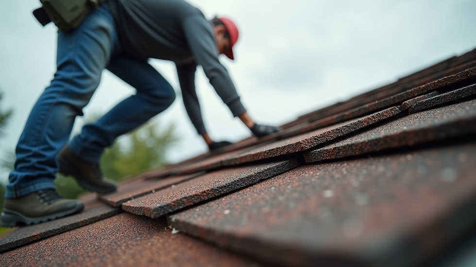 Eye-level view of a roofing professional inspecting shingles on a residential roof