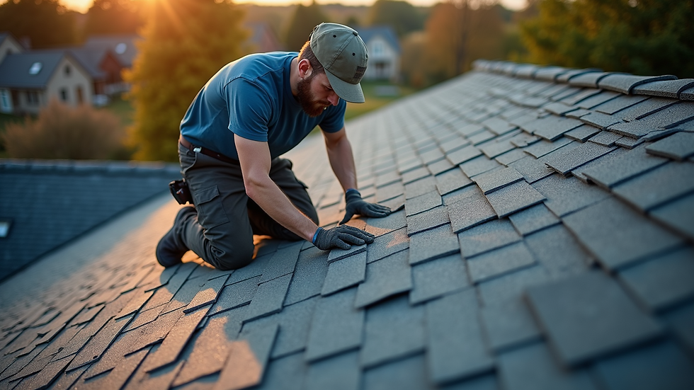 High angle view of a roofer installing shingles on a sloped roof