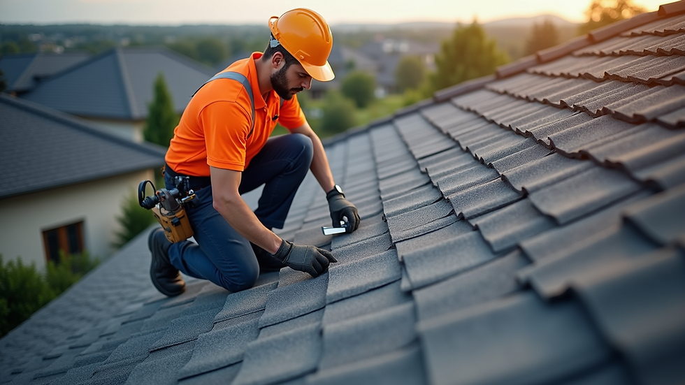 High angle view of roofing contractor inspecting roof shingles
