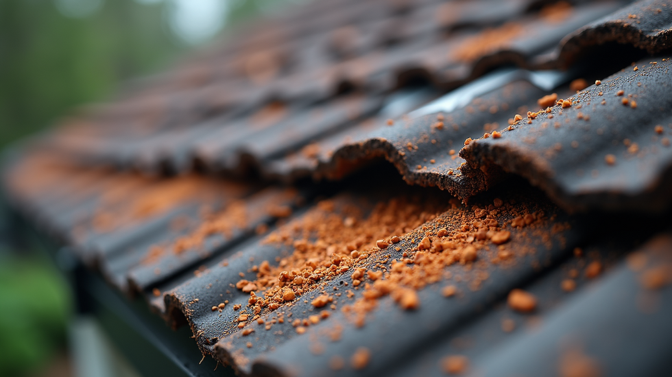 Close-up view of damaged shingles with granules falling off