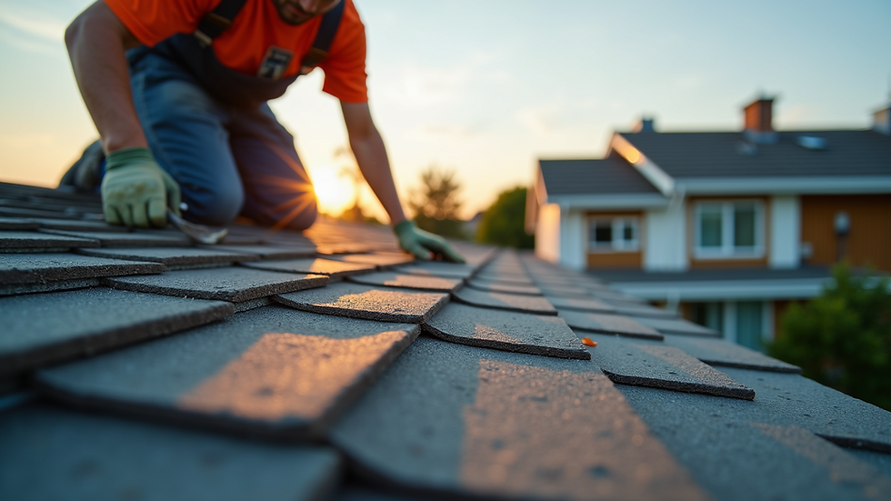 Eye-level view of a worker replacing roof shingles on a residential home