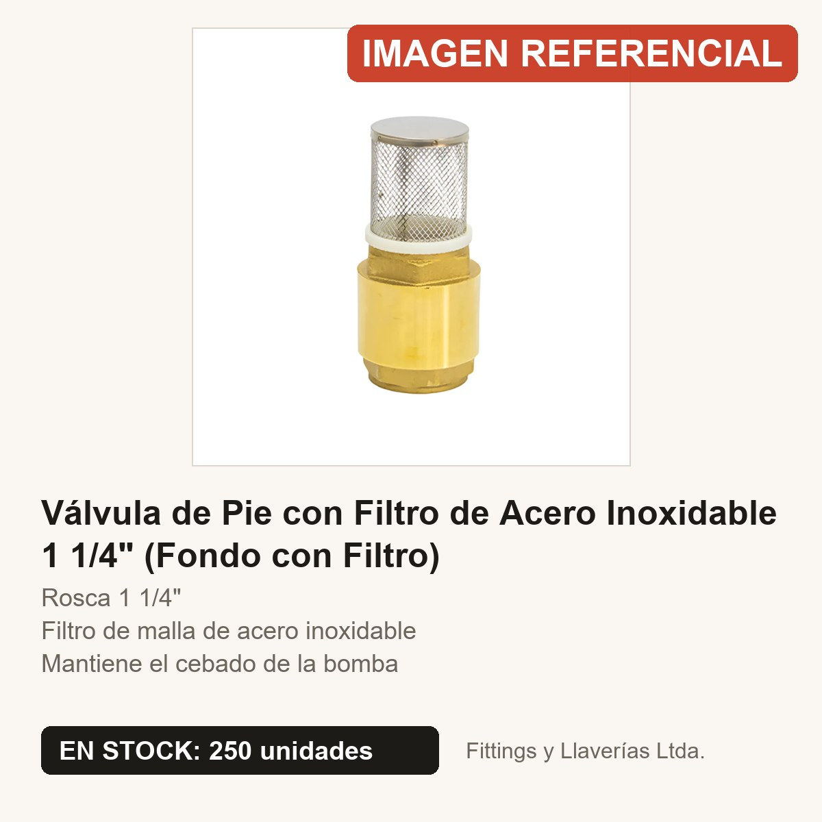 Válvula de Pie con Filtro de Acero Inoxidable 1 1/4" (Fondo con Filtro) | Fittings y Llaverías